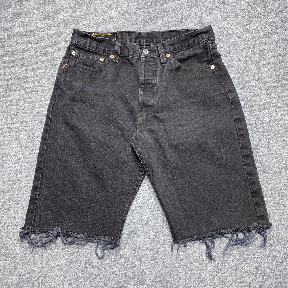 Levis Cut Off Shorts Mens 30 Black 501 Jorts Button Fly Distressed Raw Hem